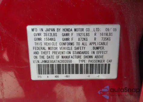 2010 Honda Fit Sport z USA, uszkodzony, nr VIN JHMGE8G47AC003550